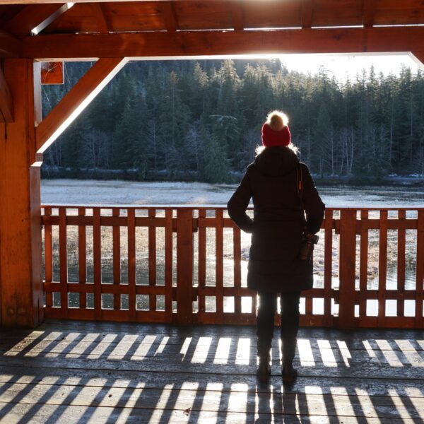 A visitor overlooking Starrigavan Estuary in winter